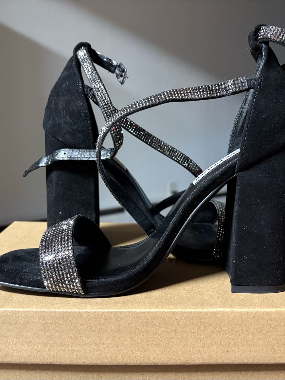 Steve Madden Black Suede Block Heel Sandals with Rhinestone Straps